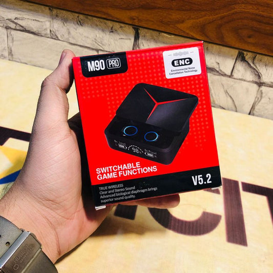 M90 Pro Bluetooth Earbuds โ Product with Box and Charging Cable