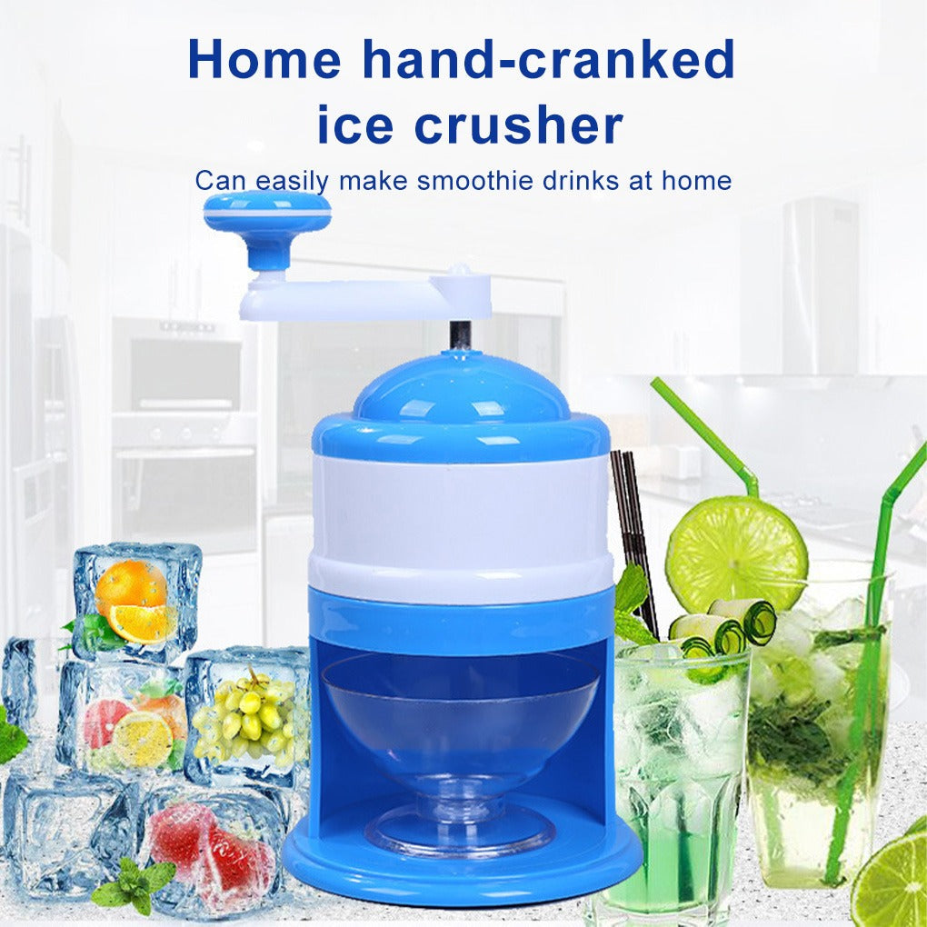 Manual ice crusher on kitchen counter with shaved ice desserts
