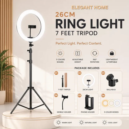 7 Feet Tripod with 26 CM Selfie Ring Light and Mobile Holder