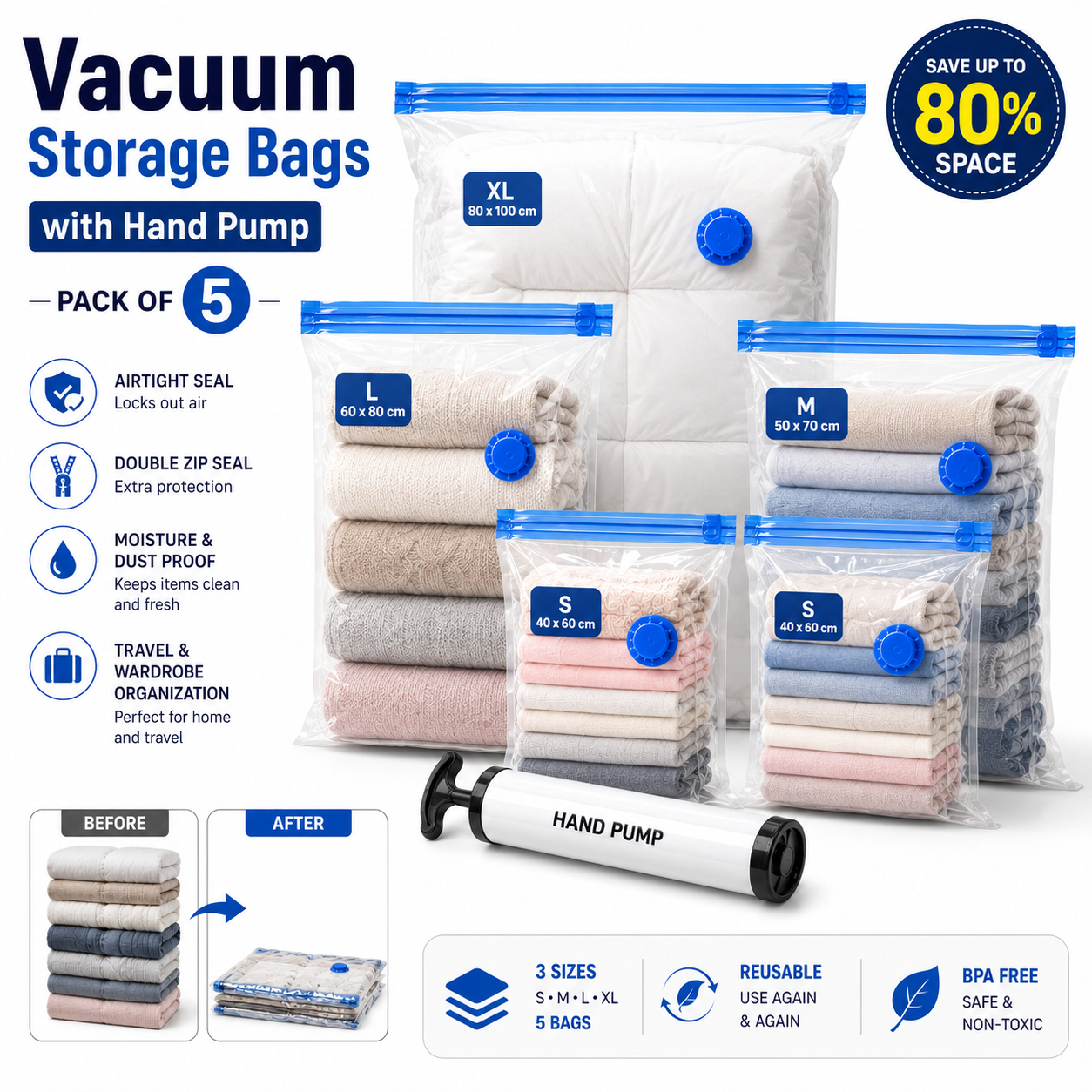 Compression Bags for Clothes, Blankets & Bedding | 5-Pack