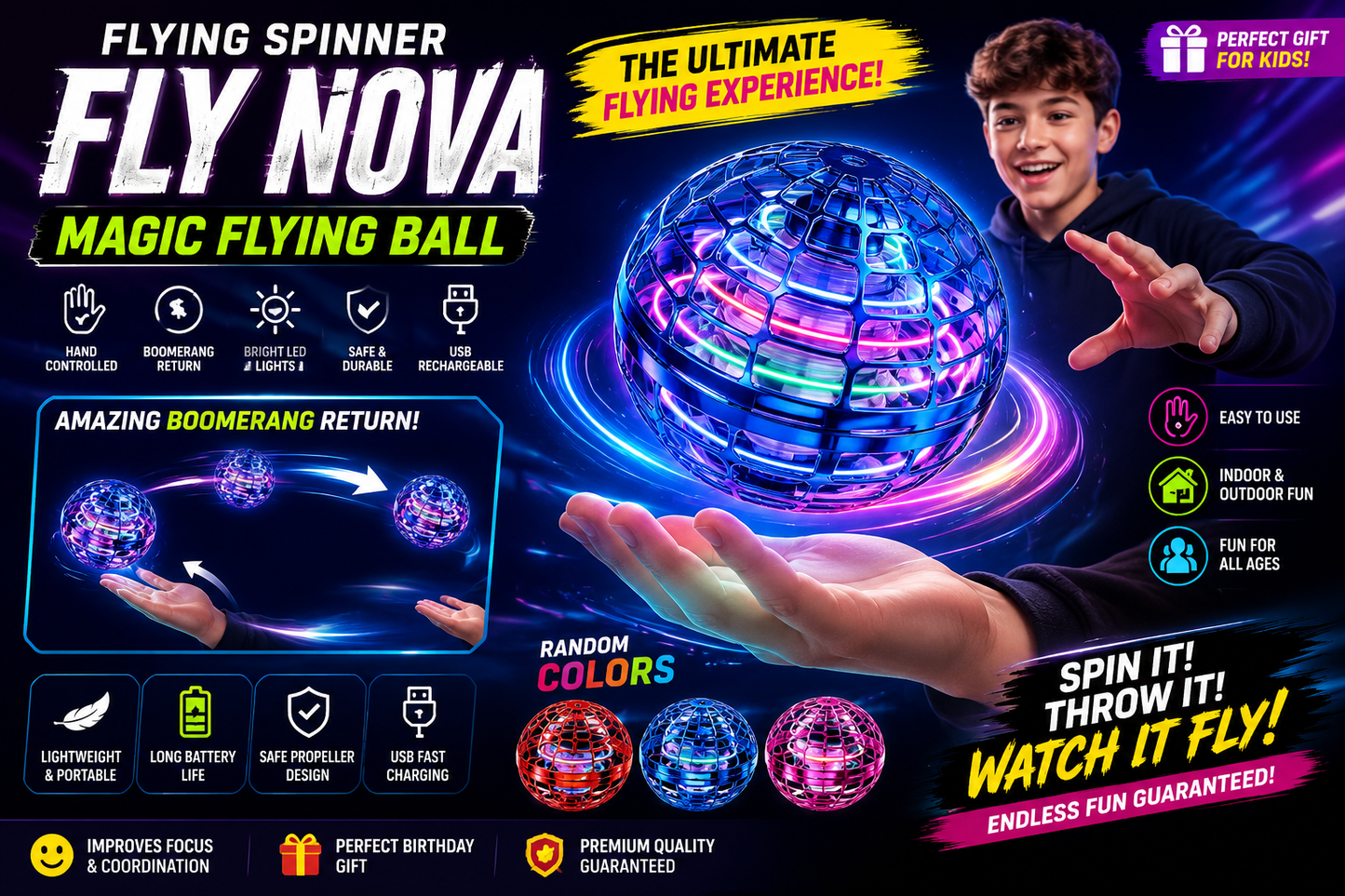 Flying Spinner Fidget Toy – Magic Fly Nova Boomerang Ball (Random Color)